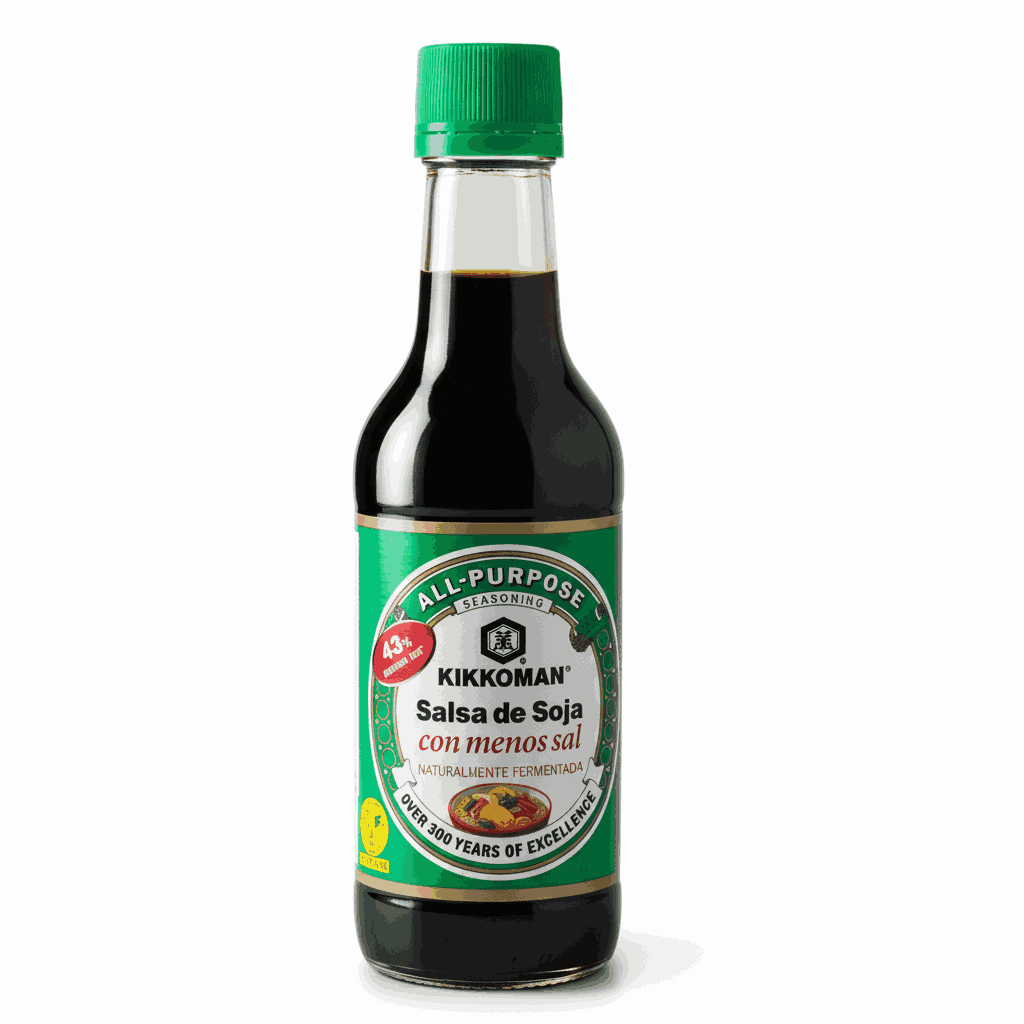 Salsa de soja baja en sal Kikkoman 250ml realzando platos