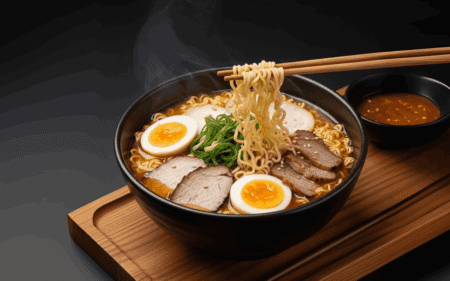 Bol de ramen Nongshim Shin Ramyun Black con fideos alzados con palillos, huevo marinado y chashu de cerdo en caldo humeante