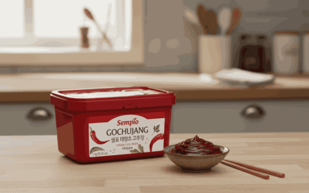 Pasta de chile Gochujang Sempio en cuenco con palillos, ingrediente coreano para restaurantes y cocina casera