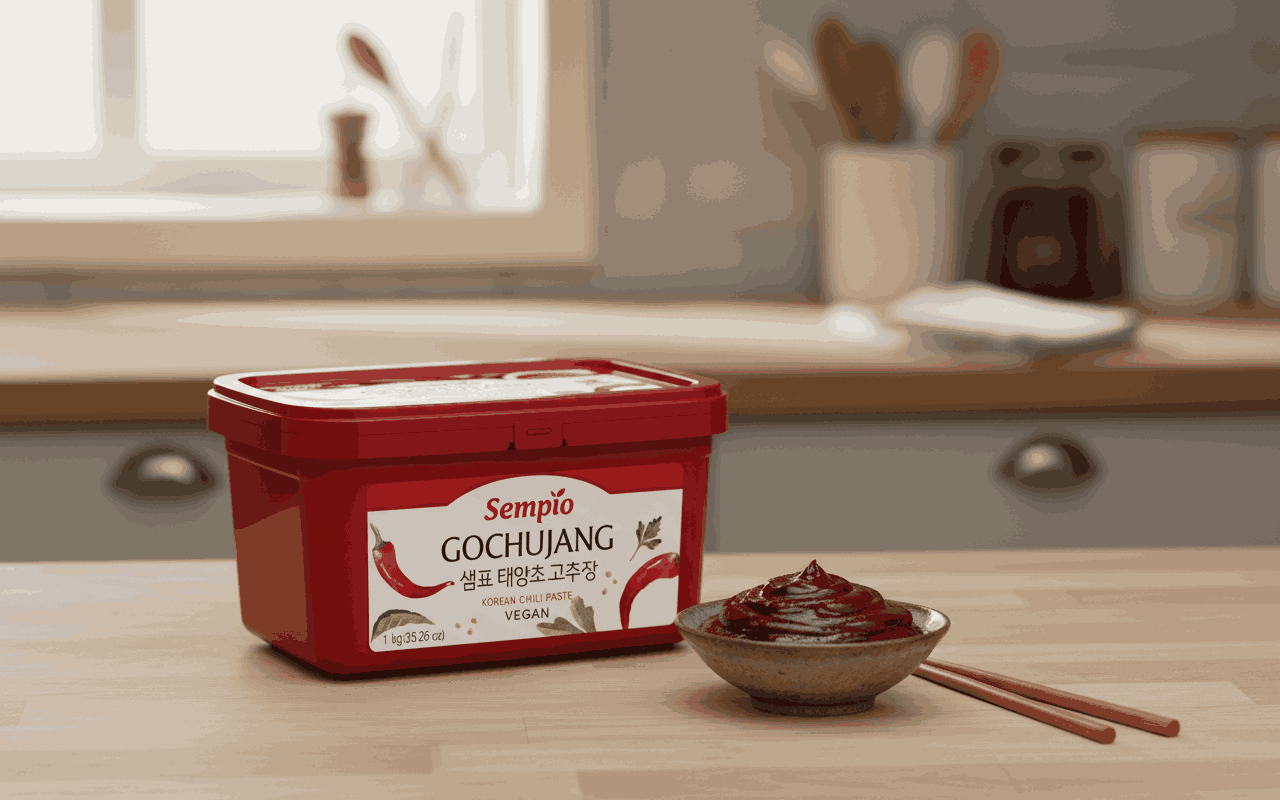 Pasta de chile Gochujang Sempio en cuenco con palillos, ingrediente coreano para restaurantes y cocina casera