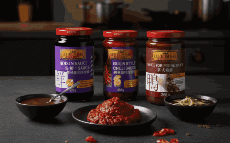 Salsa china imprescindible de Lee Kum Kee (Hoisin, Guilin y Pato Pekín) sobre encimera de pizarra en cocina industrial estilo noir