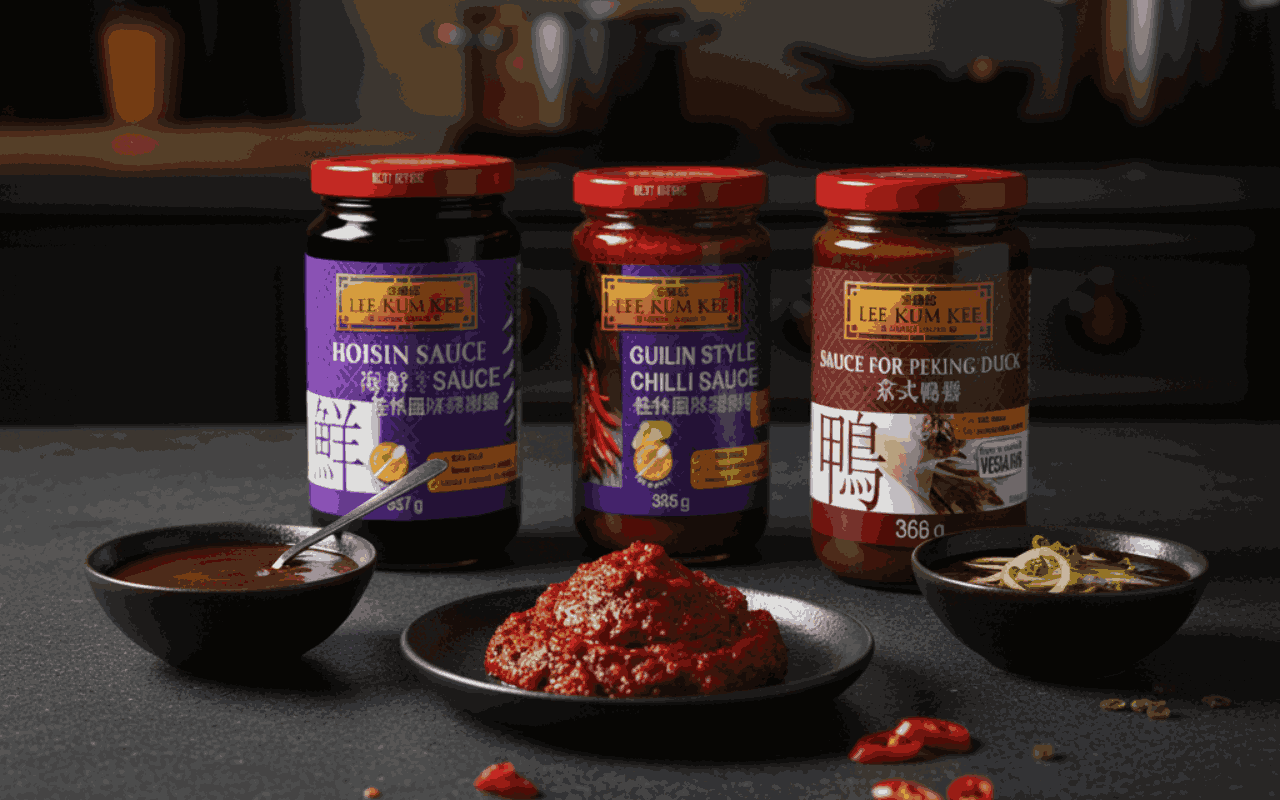 Salsa china imprescindible de Lee Kum Kee (Hoisin, Guilin y Pato Pekín) sobre encimera de pizarra en cocina industrial estilo noir